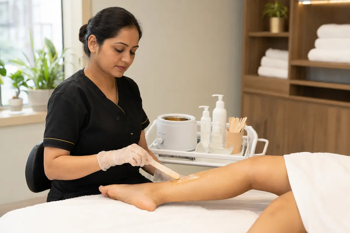 Professional leg waxing service at a hygienic salon in Vile Parle East