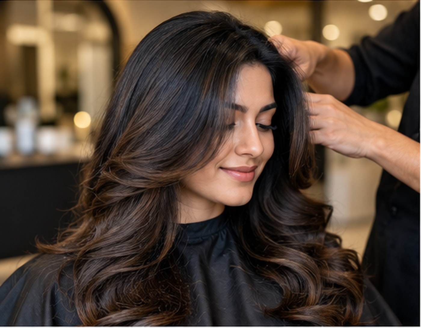 Professional women's hair styling at a salon in Vile Parle East