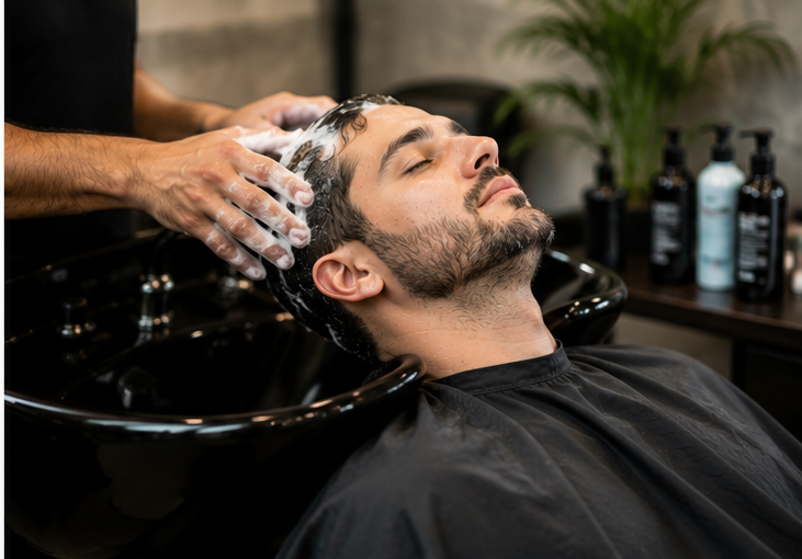 Man receiving a relaxing hair wash at a salon
