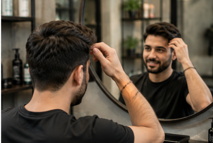 Man checking his finished haircut in a salon mirror