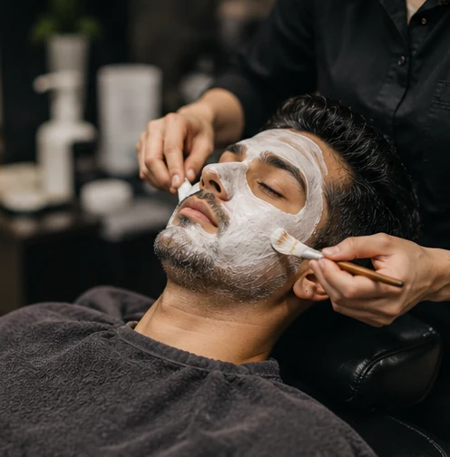 Men's grooming and facial service at a salon in Vile Parle East