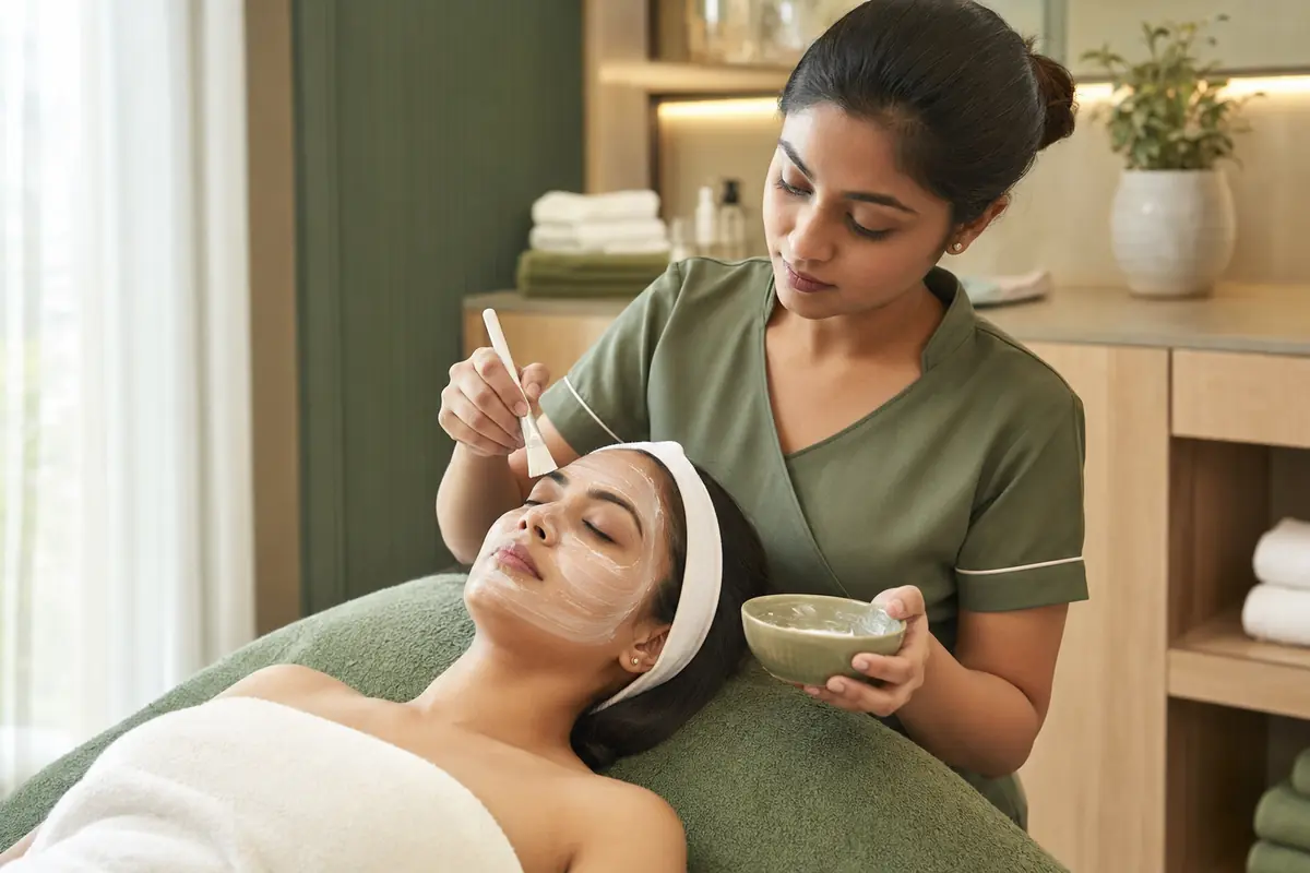 Beautician applying a facial mask during a professional facial in Vile Parle East