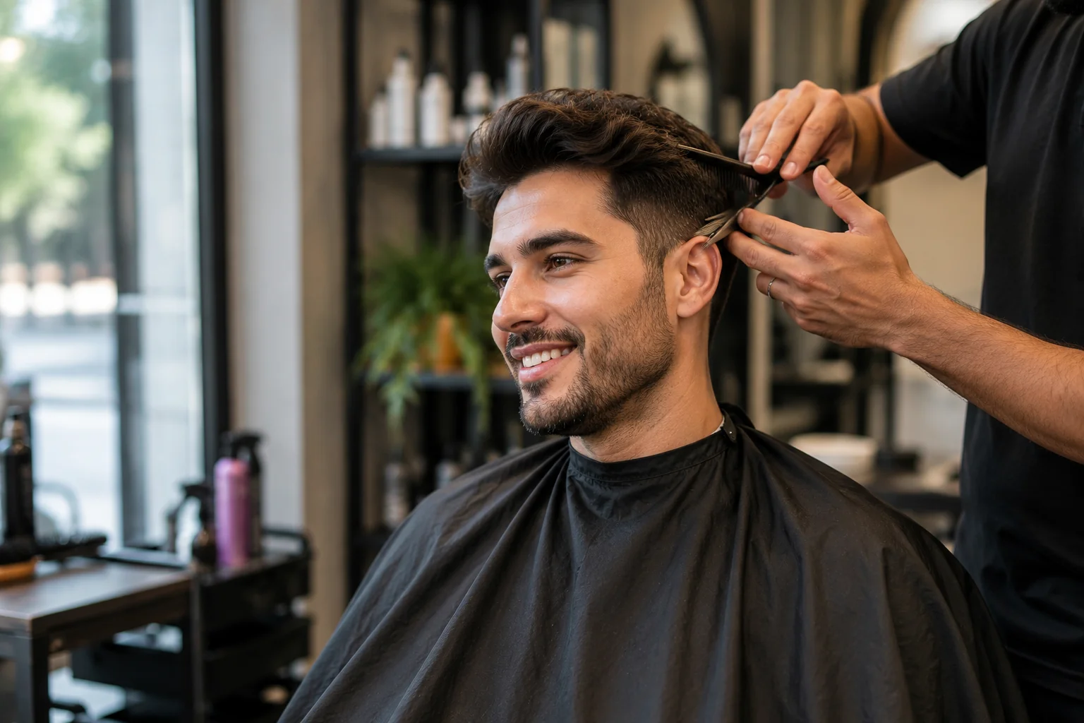 Hair Cut Near Me getting a professional haircut at a modern salon in Vile Parle East