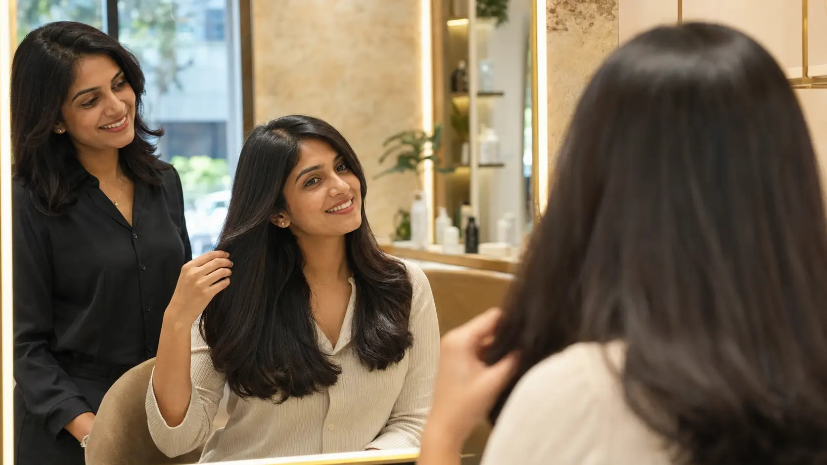 Professional hairstylist applying keratin smoothing product to sectioned hair