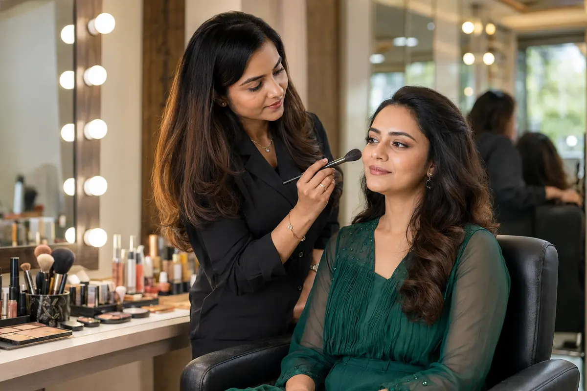 Makeup artist applying natural party makeup at a Vile Parle East beauty parlour