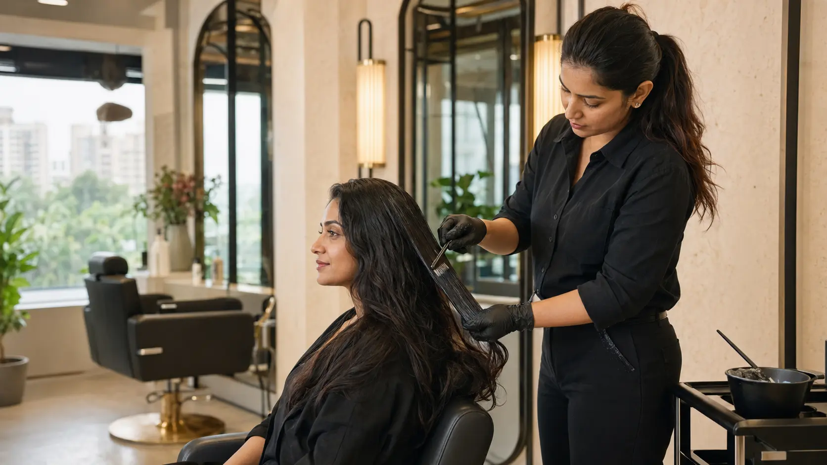 Smooth glossy hair after a professional keratin treatment in Vile Parle East