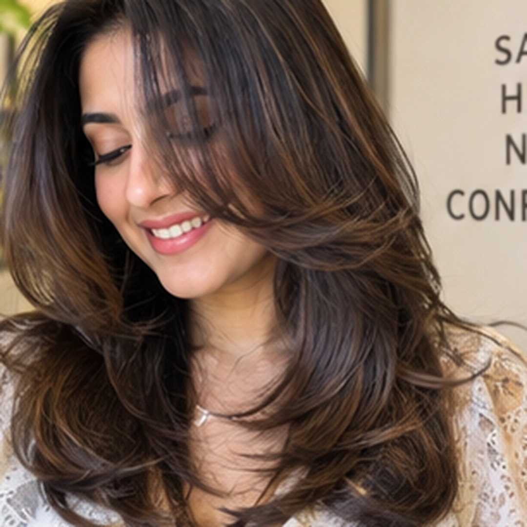 Woman showing her fresh layered haircut at a salon in Mumbai