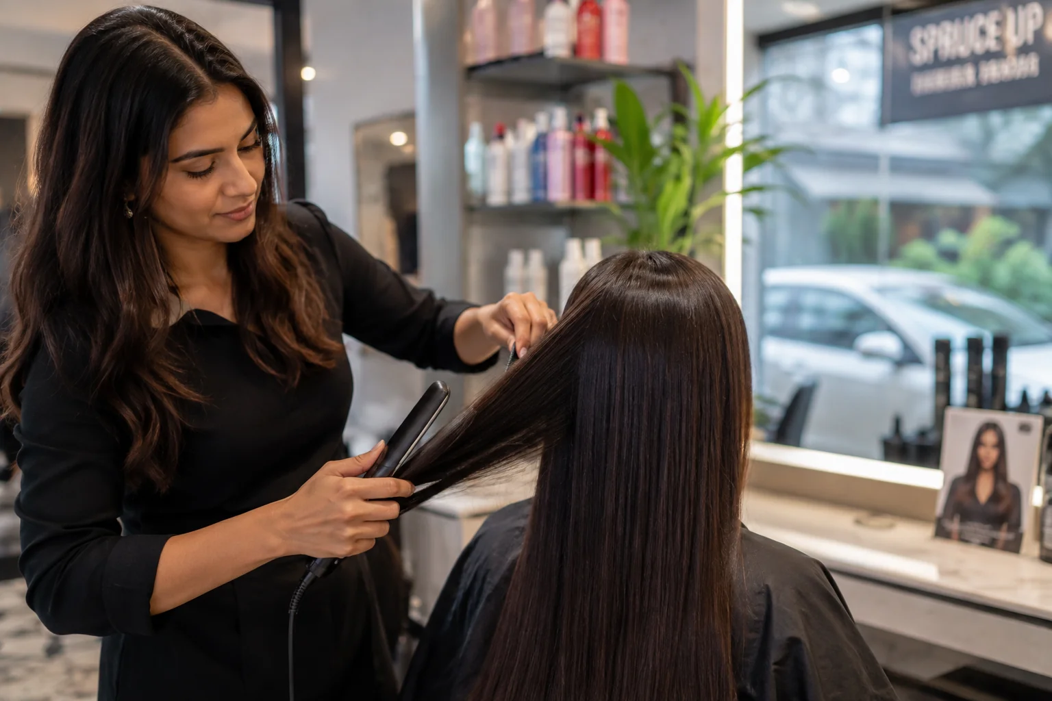 Professional hair smoothening treatment at a salon in Vile Parle East, Mumbai