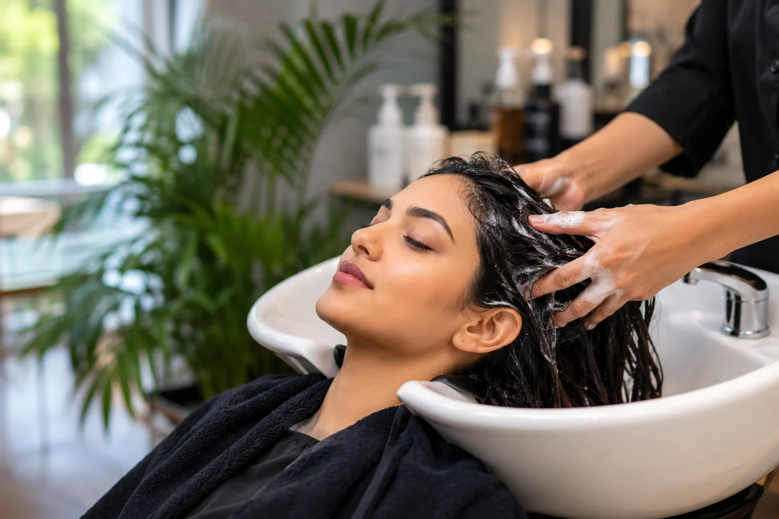 Woman receiving a relaxing hair spa treatment at a modern salon in Vile Parle East.