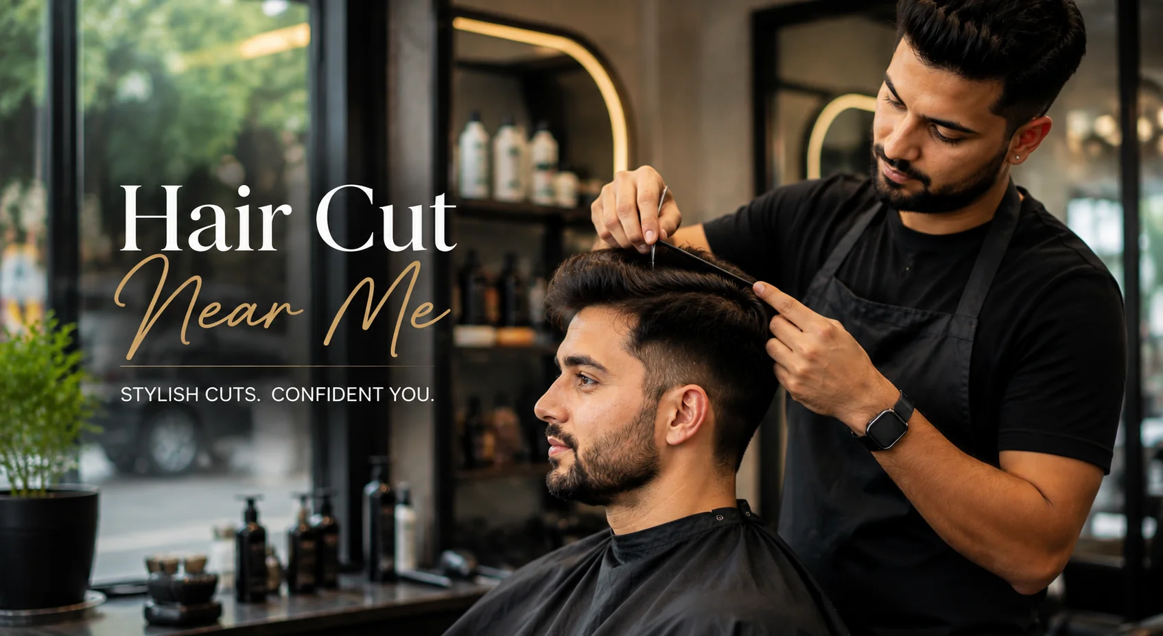 ALT text: Professional men's haircut near me at a modern salon near Vile Parle East