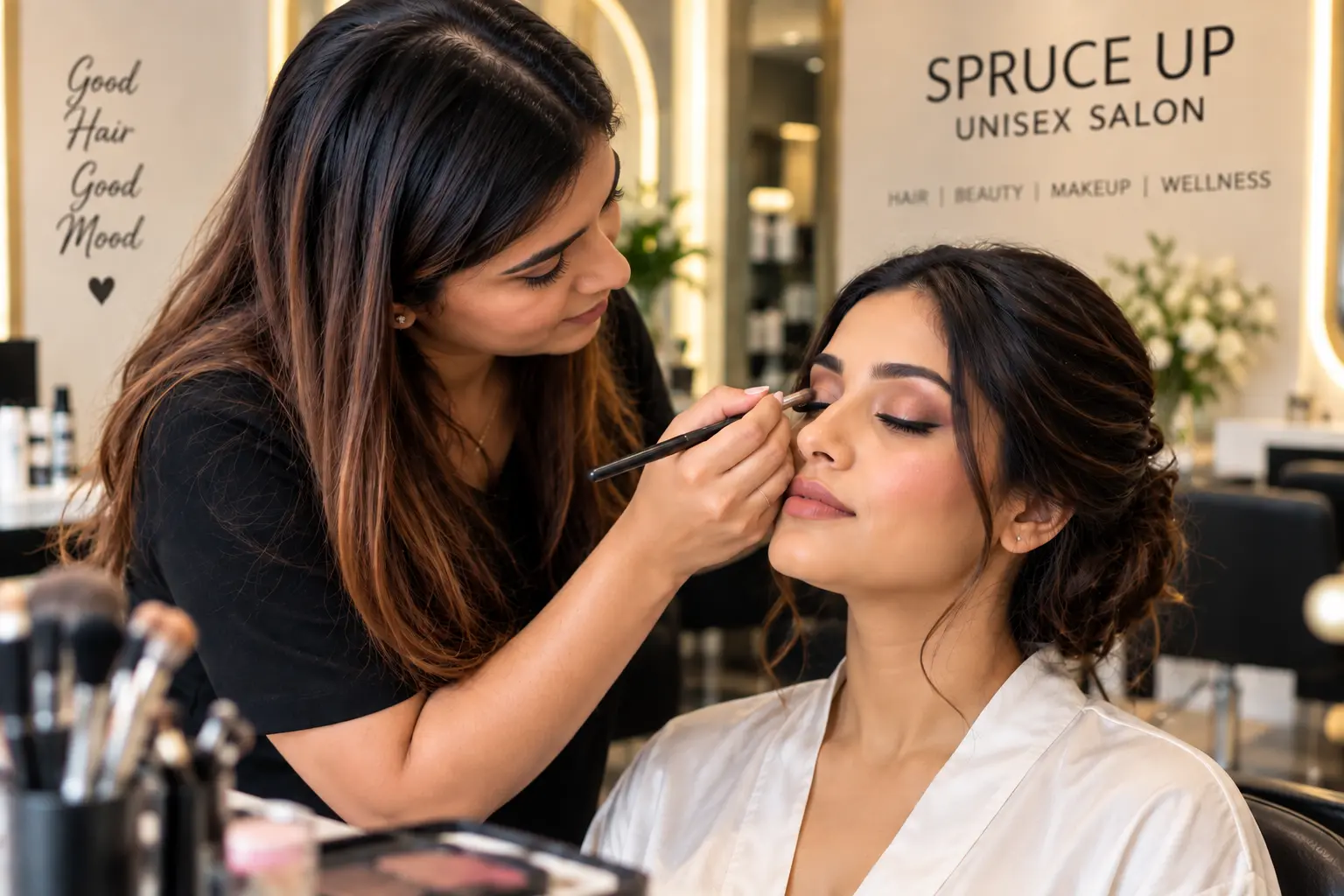 Professional makeup artist applying makeup to a client at a salon in Vile Parle East