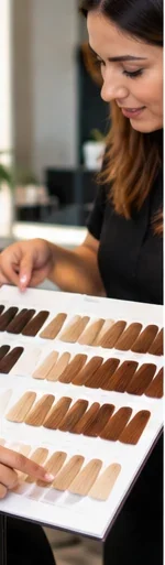 Hair colour consultation with stylist comparing professional hair colour shades