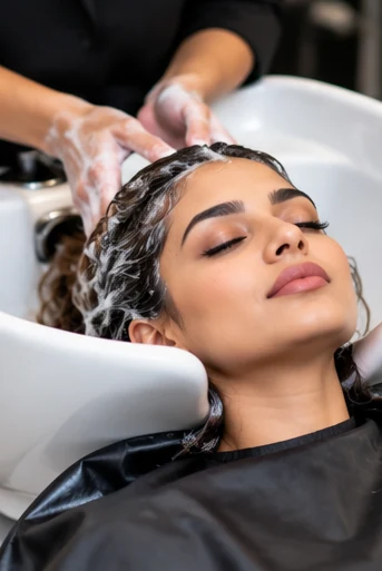 Woman receiving a professional hair wash treatment at a salon