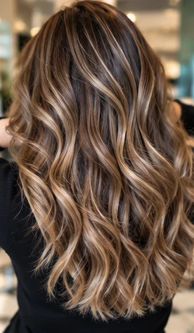 Woman with caramel highlighted brown hair in a professional Mumbai salon