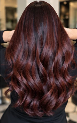 Woman with rich burgundy brown hair colour and styled waves